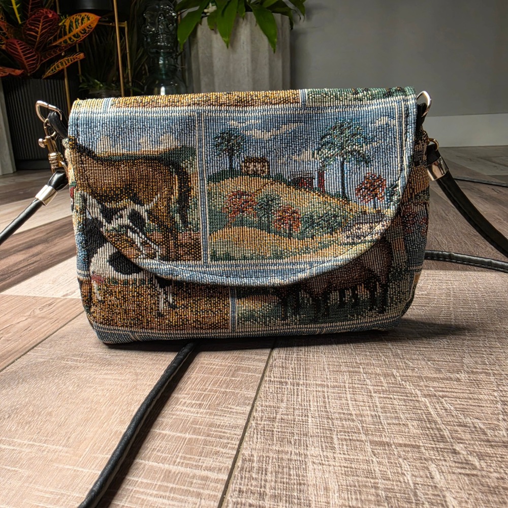 Unbranded Tapestry Crossbody Bag Women Small Multicolor Woven Farm Scene Vintage